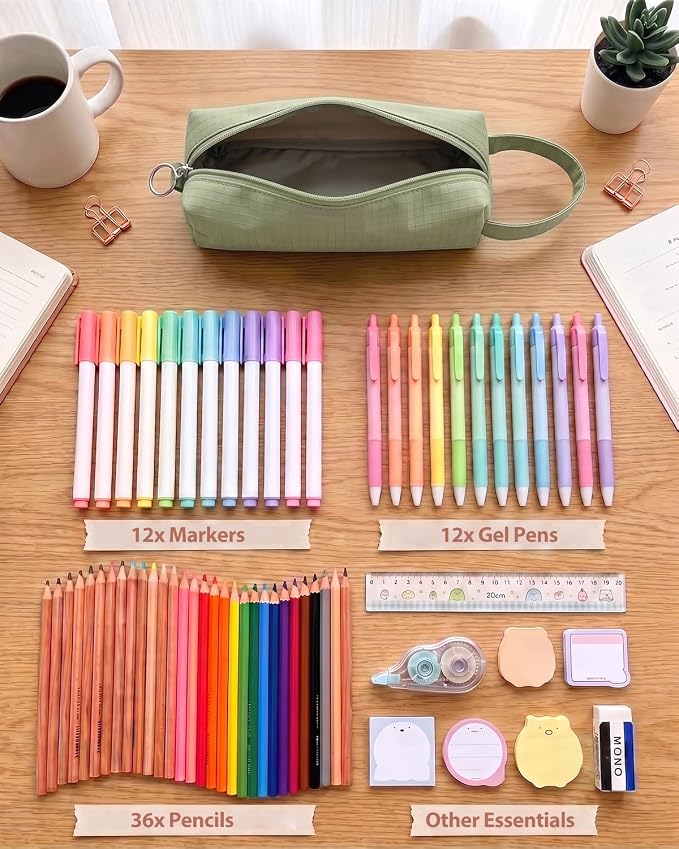 Fmeida Simple Pencil Case Pouch, Office Supplies Gift for Men Women, Green | Eco-Friendly Fabric, Gift Box, Water-Resistant, Inner pocket, Carry handle, for Coworkers Writers Teachers Designers