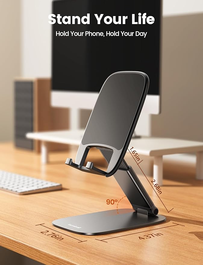 Lamicall Ultra-Thin Phone Stand for Desk, Foldable Cell Phone Holder Height Adjustable, Sturdy Weighted Base, Thick Case Friendly for Home Office Travel, Fit iPhone 17 16 15 13 Pro Max, Galaxy S26