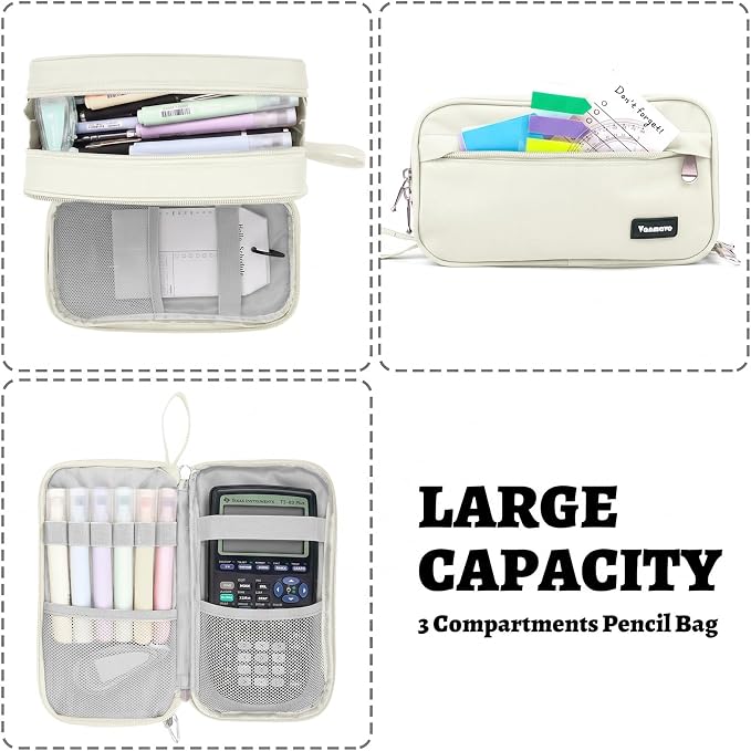 Pencil Case Big Capacity Pen Pouch Large Storage Holder Marker Pen Bag Durable 3 Compartment School Office Desk Organizer Portable Cute Zipper Stationery for Kids Teen Student Boys Girls Adults