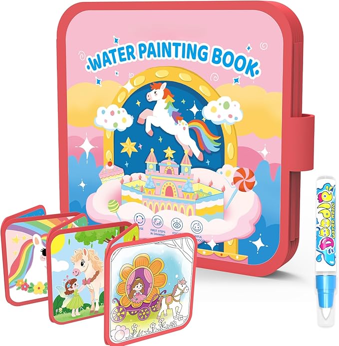 K'ONLE Reusable Water Coloring Books for Toddlers, Clean & Easy Painting & Doodle Book Toys for Kids Ages 1-3, 2-4 | Paint with Water Activity Book, Travel Gift for Boys & Girls-Pony