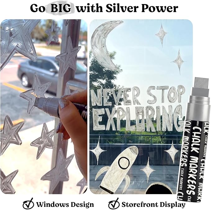 Chalkola 6 Silver Chalk Markers - Dual tip, Fine & Jumbo Tip (1mm, 3mm, 5mm, 15mm) | Erasable Liquid Chalk Pens for Blackboard, Chalkboard Signs, Car Window, Bistro, Glass | Washable Chalkboard Marker
