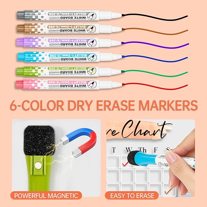 Magnetic Dry Erase Acrylic Chore & Weekly Calendar Set for Fridge, Refrigerator Visual Color-Block Design with 6 Color Erasable Magnetic Markers, Ideal for Kitchen Meal Planner & Fmaily Work Task