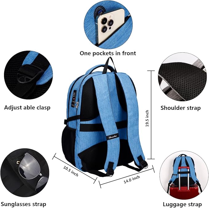 SHRRADOO Anti Theft Laptop Backpack Travel Backpacks with Combination Lock for Women Men College Backpack Computer Bag Fits 17 Inch Laptop,Sky Blue