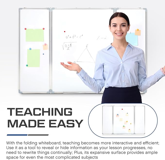 AmazingSpark 24” x 18” Foldable Whiteboard Dry Erase Board Large Tri Folding Whiteboard Magnetic Dry Erase Board, Wall Aluminium Frame and Pen Tray for Office, Home
