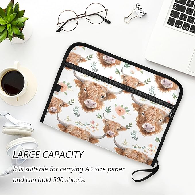 Watercolor Floral Highland Cows Pattern 13 Pocket File Organizer Expanding File Folder with Front Pouch Portable Business File Storage Document Organizer Folder with Zipper