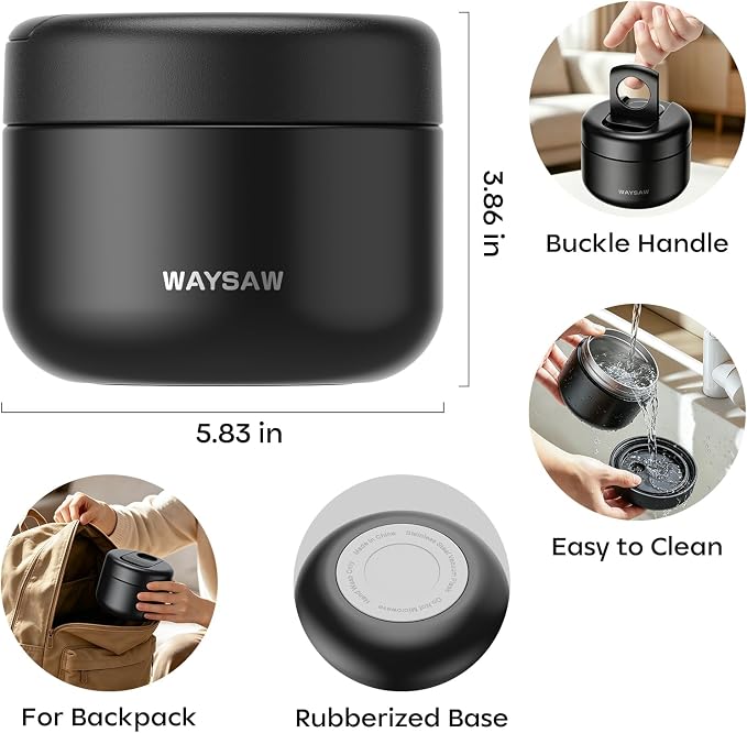 14 oz Kids Thermo for Hot Food, Leakproof Insulated Vacuum Jar/Black | 316 stainless steel wide mouth buckle lid BPA free pasta soup small hand friendlly keep food hot and cold school lunch picnic