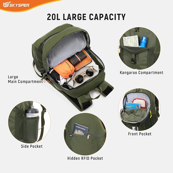 SKYSPER Small Packable Hiking Backpack 20L Anti-theift Travel Daypack | RFID Ultralight Foldable Walking Backpack with Water Bottle Holder, Nylon, Multi-compartment, Everyday Carry for Men Women