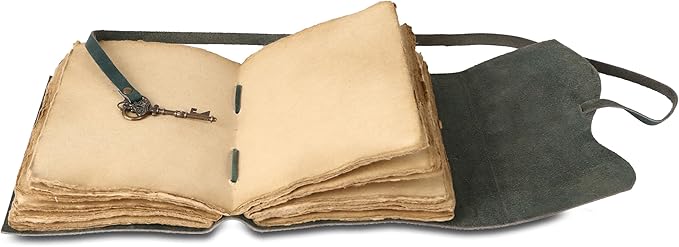 Leather Journal with Deckle Edge Paper 8x6 inch and Vintage Key | Handmade Writing Notebook Diary | Bound Daily Notepad for Men & Women Medium, Sketch/Writing pad for Artists