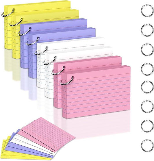 400 Count 3 x 5 Inch Colored Index Cards with Binder Rings, Lined & Blank Study Cards, Thick Cardstock Flash Cards for Students & Teachers, Color-Coded Notecards for School, Home, Work