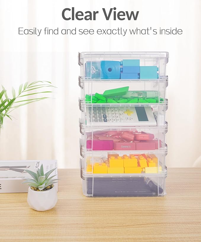 Sooez 6 Pack Extra Large Pencil Box, Plastic Pencil Case Crayon Box Bulk, Clear Marker Organizer Plastic Containers with Lid, Stackable Storage Boxes for Craft, Pen, Art, Back to School Supplies, Pink