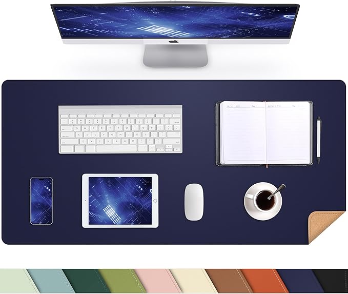 AFIING Cork Desk Mat 35.4" x 17", Dual-Sided Natural Cork & PU Leather Desk Pad, Non-Slip Waterproof Large Mouse Pad for Office, Home & Gaming (Blue)
