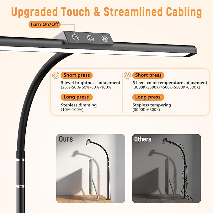 LED Desk Lamp for Home Office, Flexible Gooseneck Desk Lamp with Clamp, 5 Color Touch Control Stepless Dimming Adjustable Eye-Caring Desk Light with Adapter for Reading, Drafting, Study, Workbench