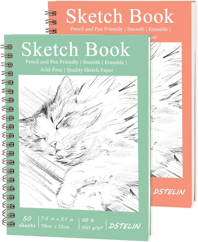 DSTELIN 2 Pack Hardcover Sketchbooks (100 GSM Sketch Paper), 7.5x5.1 Inch Spiral Sketch Book for Sketching, Drawing, Painting, 50 Sheets per Pack, Pink and Green