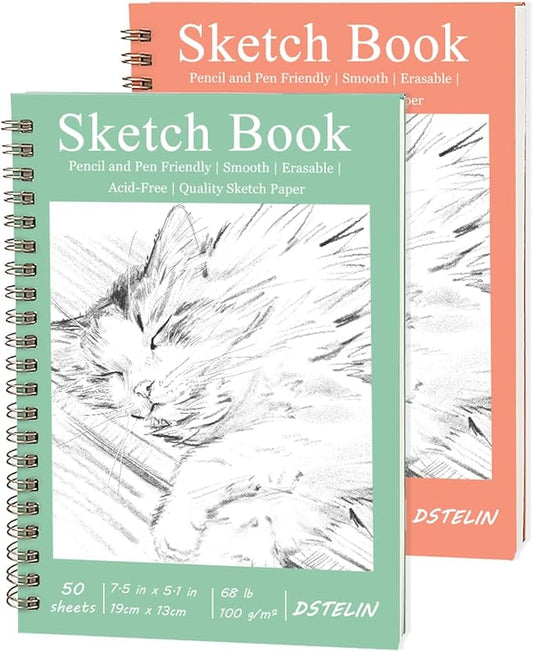 DSTELIN 2 Pack Hardcover Sketchbooks (100 GSM Sketch Paper), 7.5x5.1 Inch Spiral Sketch Book for Sketching, Drawing, Painting, 50 Sheets per Pack, Pink and Green