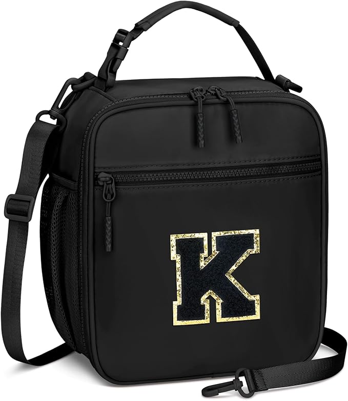 Initial Insulated Lunch Bag for Boys Kids, Back to School Gift, Reusable Leak-proof Lunch Box with Adjustable Strap for School Daycare Travel Picnic（Black，K）