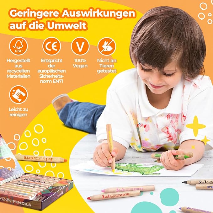 3 In 1 Color Pencil Set for Kids -12 Colored Pencil for Toddlers. Fat Coloring Pencils with Brush and Sharpener - Non-Toxic and Vegan Cute Color Pencils Perfect for Toddler Art Supplies