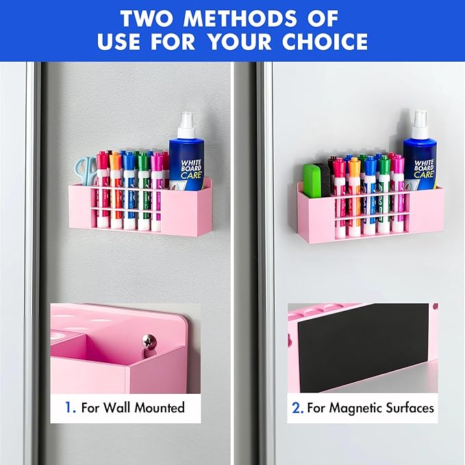 Magnetic Dry Erase Marker Holder for Whiteboard, Wall Mount Pen Holder for Refrigerator, Clear Pencil Holder for Fridge, Strong Magnet Locker Organizer for Classroom(Pink)
