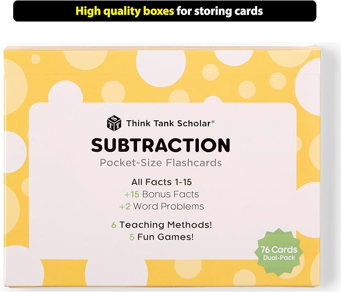 Think Tank Scholar Subtraction Flash Cards - 150 Facts 1-12 - (Award Winning) Math Flashcards for Kids Ages 4-8 in Kindergarten, 1st, 2nd, 3rd, 4th Grade & Homeschool - 6 Teaching Methods & 5 Games