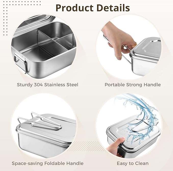 Stainless Steel Bento Box, 3-Compartment Lunch Box, Metal Food Container with Secure Lid, Salad Sandwich Box, Fruit Snack Packing Box for Office, Camping （1500ml）