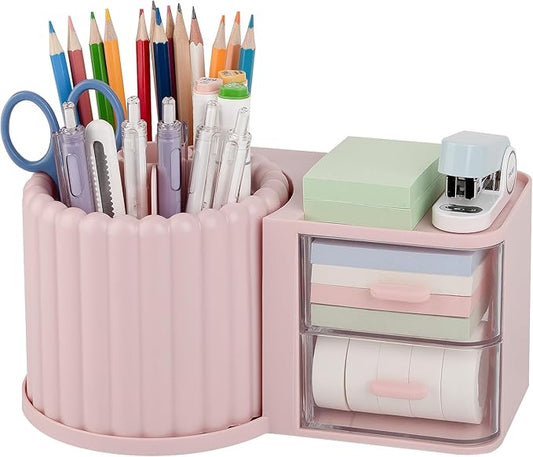 Anyoifax 360° Rotating Pen Holder 7 Slots Desk Organizer with Drawer Removable Pencil Cup Plastic Art Supplies and Accessories Desktop Storage Box Caddy for Office, School, Home (Green)