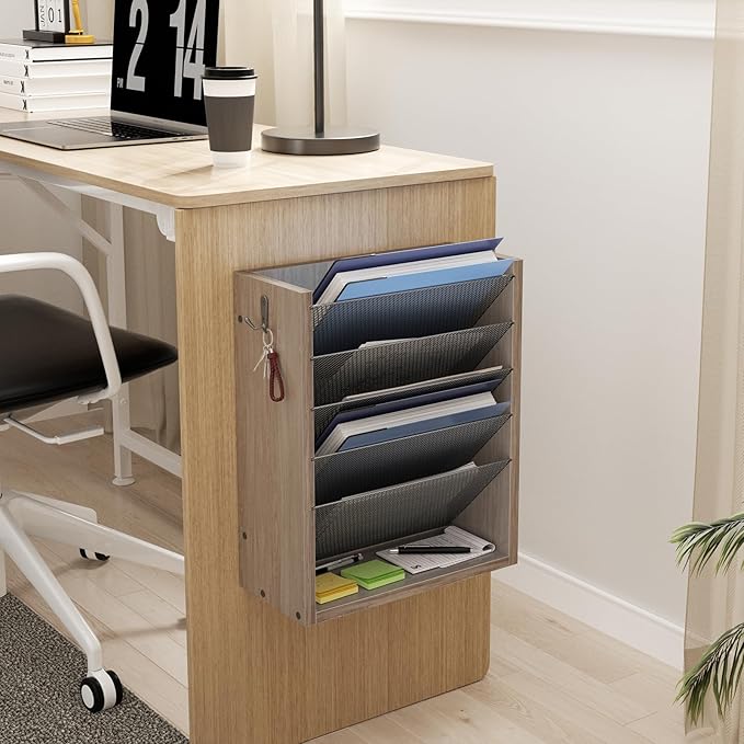 Creso hom Mail Organizer Wall Mounted, 6-Tier Wall File Organizer with 2 Hooks, Wooden Desk Organizer Magazine Holder with Bottom Flat Tray, for Office Home, Greige