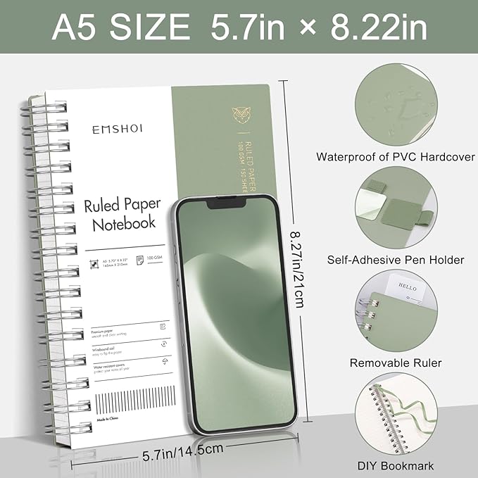 EMSHOI A5 College Ruled Spiral Notebook, Thick 300 Pages/150 Sheets, 100GSM Ink-Proof Waterproof PVC Hardcover Lay-Flat Lined Journal for Work Office School Writing, Small 5.7"x8.22" - Light Green