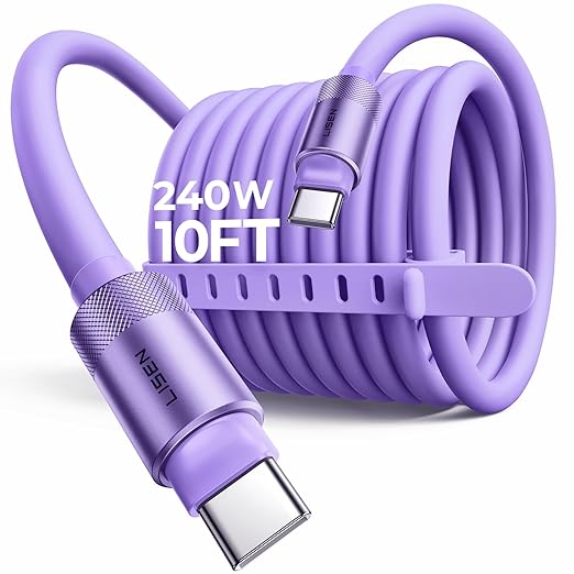 LISEN 10FT USB C Cable Fast Charging, Chubby 240W Cable USB C to USB C Fast Charging Soft Silicone USBC to USBC Parallel Cable for iPhone 17 Pro Max 16 15 Samsung S25 Ultra MacBook Pro Air iPad Purple