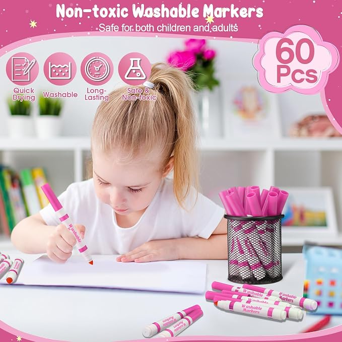 60 Pcs Washable Markers Coloring Broad Line Markers for Kid, Pink