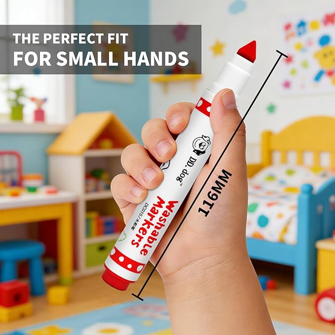 Washable Markers for Kids, 24 Vibrant Colors with Cone Tips & Easy-Grip Barrel - Toddler Art Supplies, Washable from Skin & Clothes, Portable Case for Preschool, Home, Travel (cartoon, Count, 24)