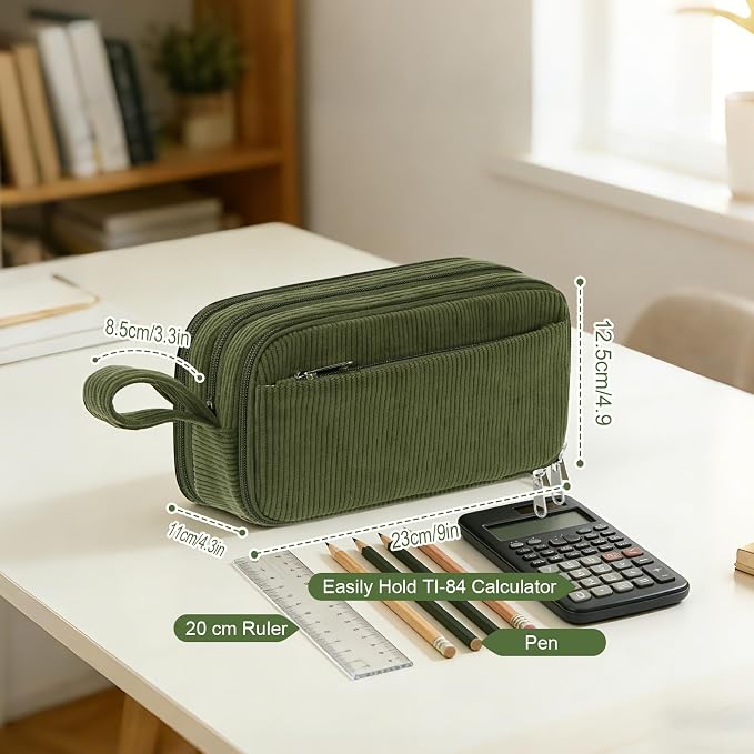 Corduroy Pencil Case, Large Capacity Pencil Pouch with 4 Compartments, Cute Soft Aesthetic Stationery Pen Bag Organizer with Zipper, Portable School Supplies for Teen and Adult Girls, Olive Green
