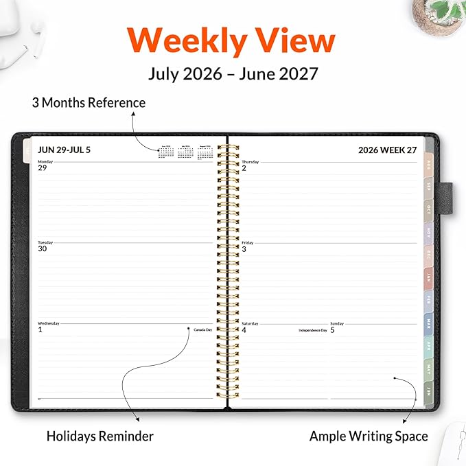 SUNEE 2026-2027 Weekly & Monthly Planner 9"x11.2" - 12 Month (July 2026 - June 2027), Vegan Leather Cover Planner Academic Year Calendar, Pocket, Notes, Monthly Tab, Black
