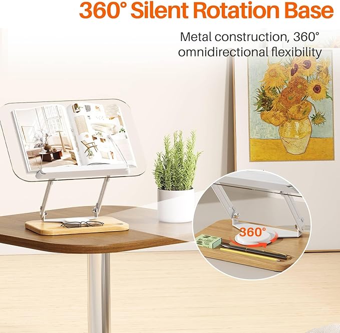 BYMECOST Acrylic Book Stand for Reading, 360°Rotating Book Holder with Pen Slot, Adjustable Height and Angle, Elastic Clips for Cookbook Stand, Foldable Desktop Riser for Laptop,Tablet,Recipe,Magazine