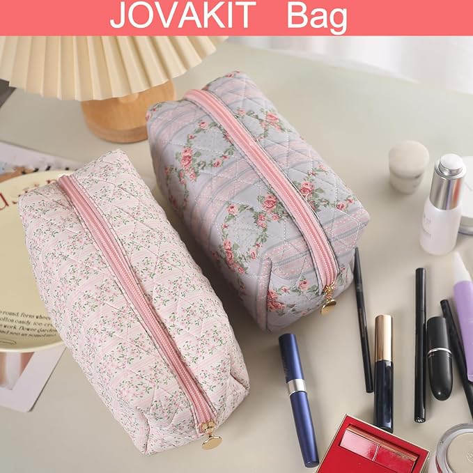 JOVAKIT Square Makeup Bag Cute Cosmetic Bag for Women, Floral Coquette Aesthetic Toiletry Bag, Zipper Make Up Pouch, Travel Make Up Organizer Bag (Pink Floral)