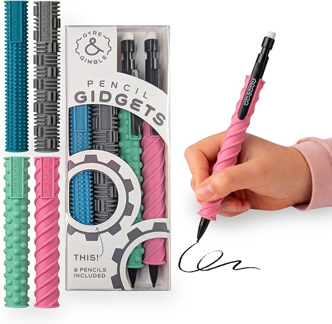 Gyre & Gimble Pencil Gidgets – Textured Silicone Pencil Sleeve for Quiet Fidgeting – Transform Your Mechanical Pencil into a Sensory ADHD Tool for Kids and Adults – 4 Sleeves & 2 Pencils