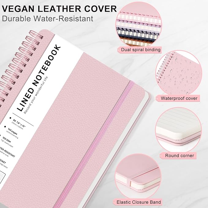 ABERLLS Lined Spiral Journal Notebook with 160 Pages, 7.8×10in, B5 Spiral Notebook, Journaling Notebooks for Work, School, Women, Men, College Ruled Spiral Notebook, Hardcover Leather Journals, Pink