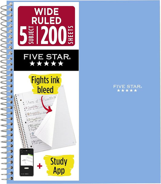 Five Star Spiral Notebook + Study App, 5 Subject, Wide Ruled Paper, 8" x 10-1/2", 200 Sheets, Fights Ink Bleed, Water Resistant Cover, Tidewater Blue (73196)
