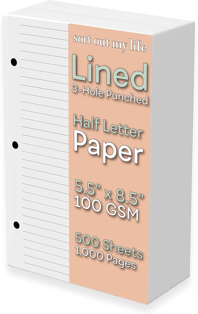 Half Letter Lined Paper, 3-Hole Punched, 500 Sheets/1,000 Pages, 100 GSM, Printer Paper Binder Refill, 5.5 in. x 8.5 in., fits in Half Letter 3-Ring Binders, Binder Refill Line Inserts (500-Sheet)
