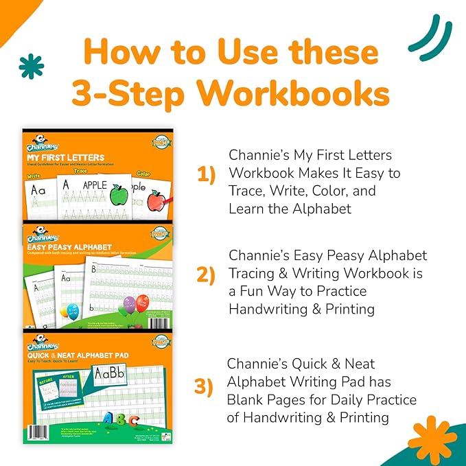 Channie's Beginner's Alphabet & Handwriting Workbooks, 3 Workbooks, Lots Practices with Visual Format, Easier Way to Learn Alphabet Summer School, Ideal for Homeschool Learning Activities