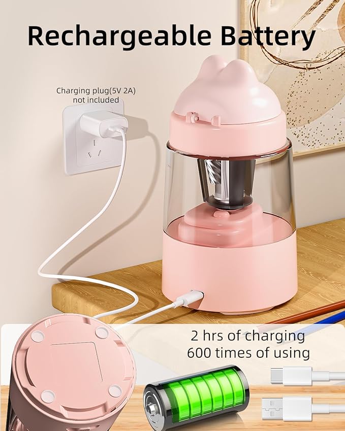 ZMOL Colored Pencil Sharpener for Kids Gift, Rechargeable Electric Pencil Sharpener, Auto Stop, Pencil Sharpeners for Battery Powered Cute No.2/Colored Pencils (6-8mm), Classroom/Office/Home (Pink)