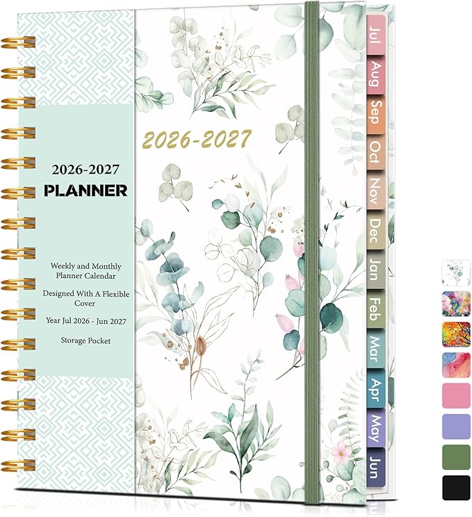 Academic Planner 2026-2027, Weekly and Monthly Calendar Planner from July 2026 - June 2027, 6.1" x 8.2" A5 Large Daily Agenda Book with Tabs, Flexible Cover, College School Organizer for Student Teacher,Aesthetic Leaf