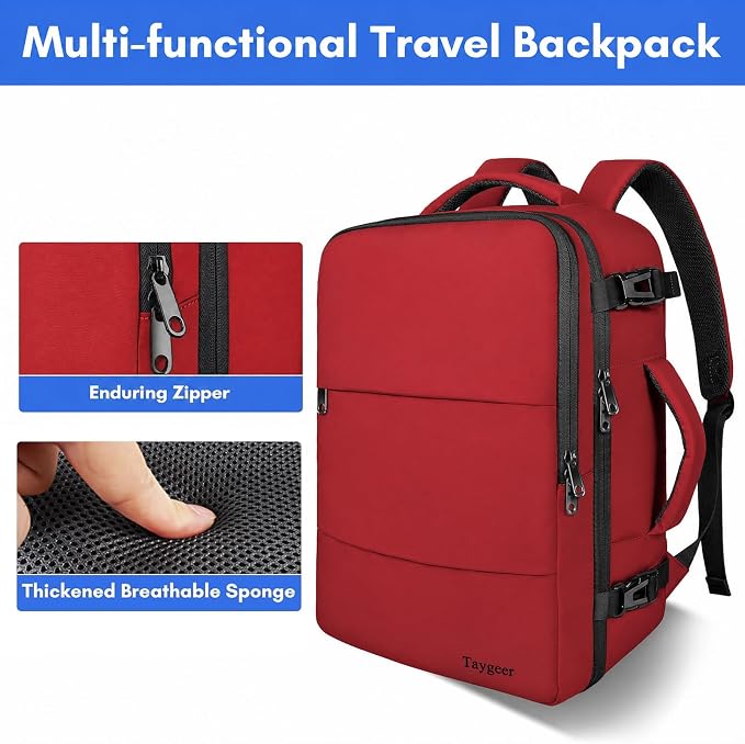 Taygeer 35L Carry on Travel Backpack for Women Men, Personal Item backpack | Travel Backpack with Laptop Compartment & Water Bottle Pocket, Lightweight Work Bag for Weekend Business Hiking, Bright Red