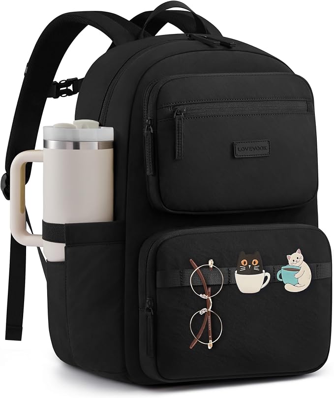 LOVEVOOK School Backpack for Teen Girls,Women Laptop Backpack with Water Bottle Holder,Lightweight Work Bag College Bookbag,Teacher Nurse bag,Black