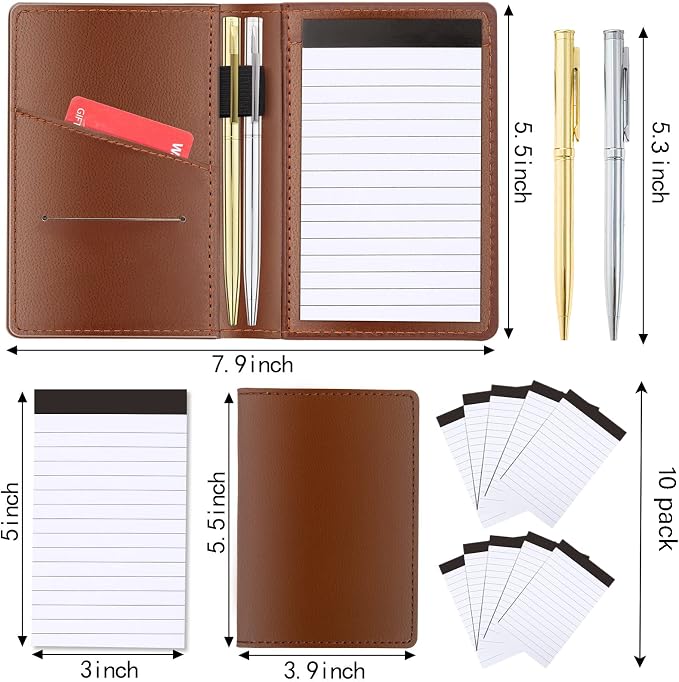 13 Pack Mini Pocket Notepad Set,Included Leather Pocket Notepad Holder,10 Pack 3×5 Inch Small Notebook Refills,Writing Pads with 30 Lined Paper Per,Scratch Pads,Memo Pads,2 Metal Ballpoint pens(Brown)