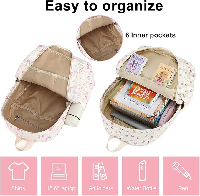 BTOOP School Backpack for Girls Teens Large Corduroy Bookbag Lightweight 15.6 inch Laptop Bag for Women Casual High School College (Pink Bow Floral)