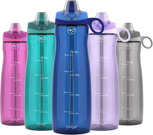 Pogo Plastic Water Bottle with Chug Lid and Carry Handle, Reusable, BPA Free, Dishwasher Safe, Perfect for Travel, School, Outdoors, and Gym, 18oz 32oz 40oz 64oz