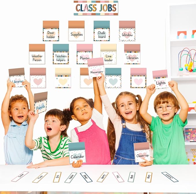 81 Piece Boho Class Jobs Bulletin Board Boho Welcome Classroom Jobs Pocket Chart Set Teacher's Helper Chalkboard Decor Classroom Bulletin Board Set Wall Decoration for Back to School