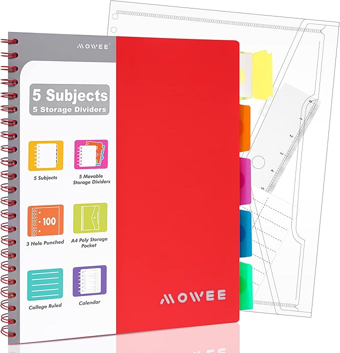 Spiral Notebook - 5 Subject Notebook, College Ruled Notebook 3-Hole Punched With Dividers, Storage Pockets, 11" Ruler, 200 Pages, for Writing Journal, Home &Office, School Supplies（Red）