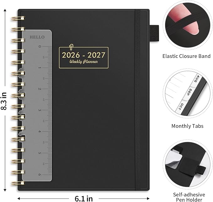 AHGXG Academic Planner 2026-2027, July 2026 - June 2027, Weekly and Monthly, 5.7" x 8.3", for Women, Teacher, Student, School, 12-Month Tabs, Flexible Plastic Cover (Black)