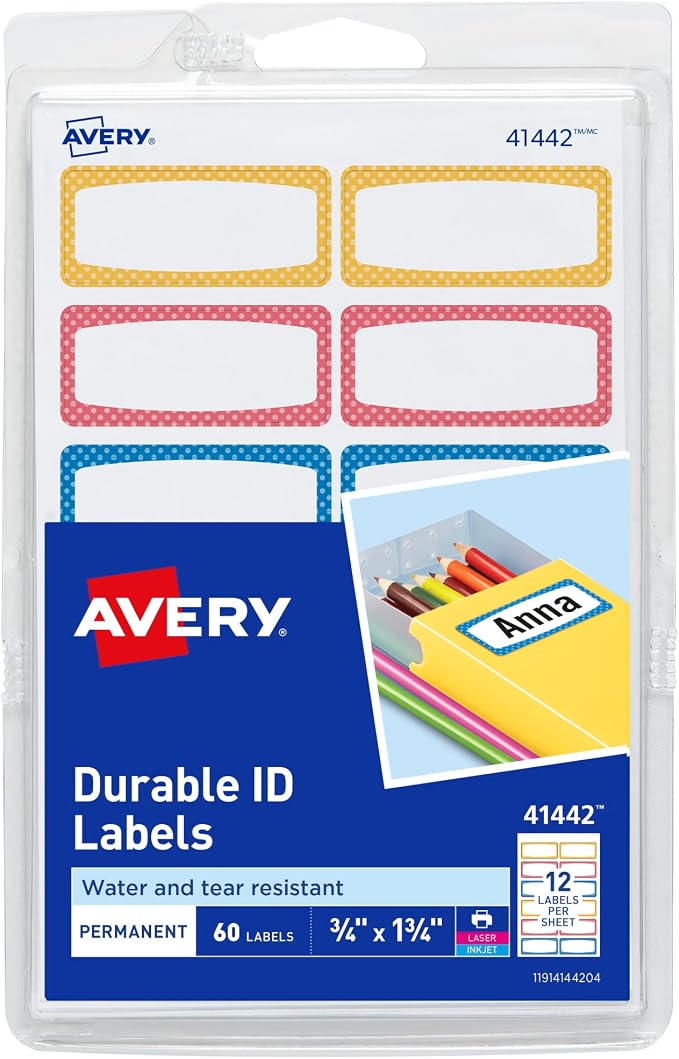 Avery® Durable Labels for Kids' Gear, 3/4" x 1-3/4", Assorted Border Colors, Water-Resistant Labels, 60 Total (41442)