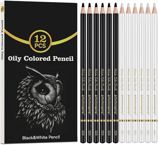 White and Black Color Pencils Drawing Set, 6 pcs White and 6 pcs Black Colored Sketching Pencils for Drawing, Sketching, Shading, Blending for Beginners & Artists
